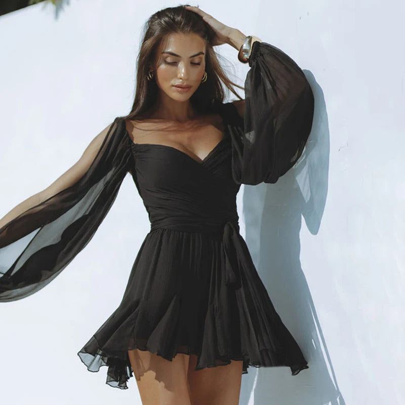 Off-the-Shoulder V-Neck Solid-Colour Cutenova Mini Dress