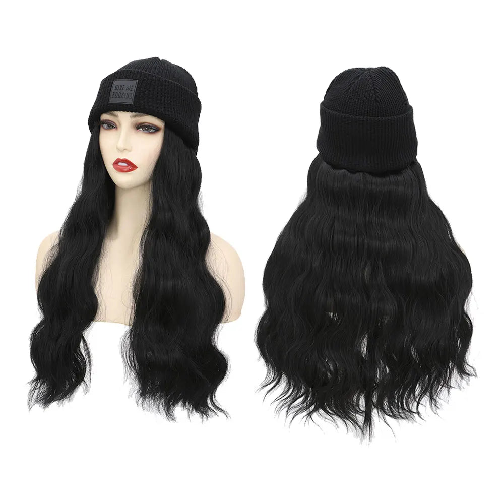 S-noilite Synthetic Black Hat Wig Beanies Hat With Hair Wigs For Women Straight Wavy Hair Warm Plush Knitted Autumn Winter Cap