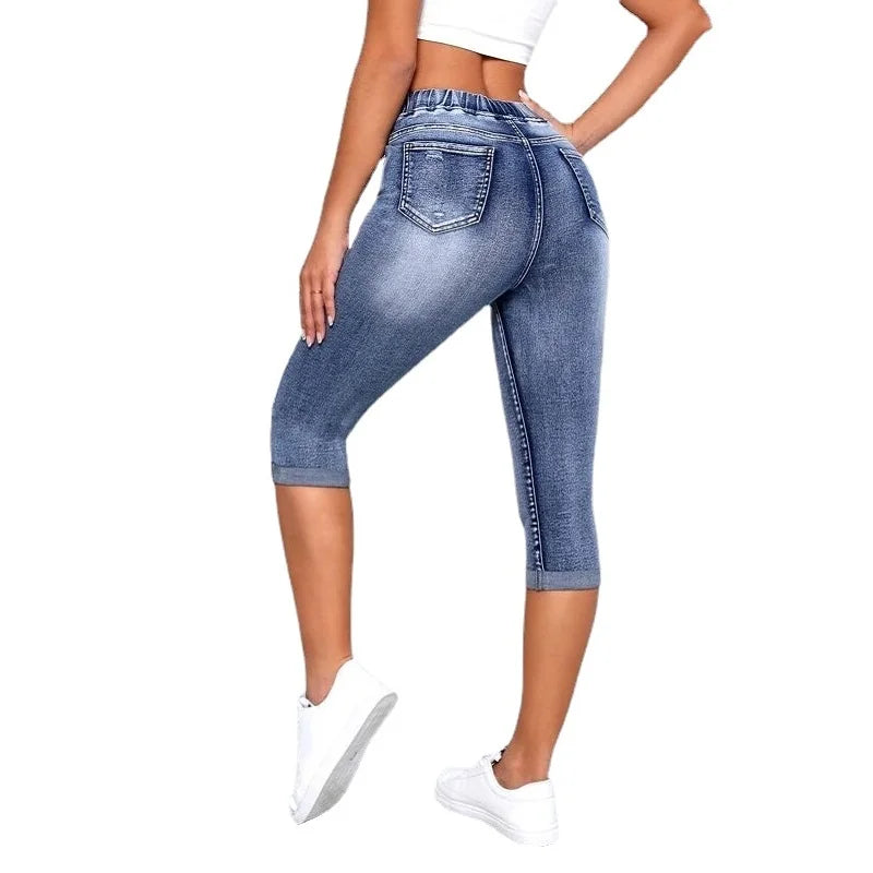 Drawtring High-Waist Stretch Knee-Length Ripped Short Jean Pants