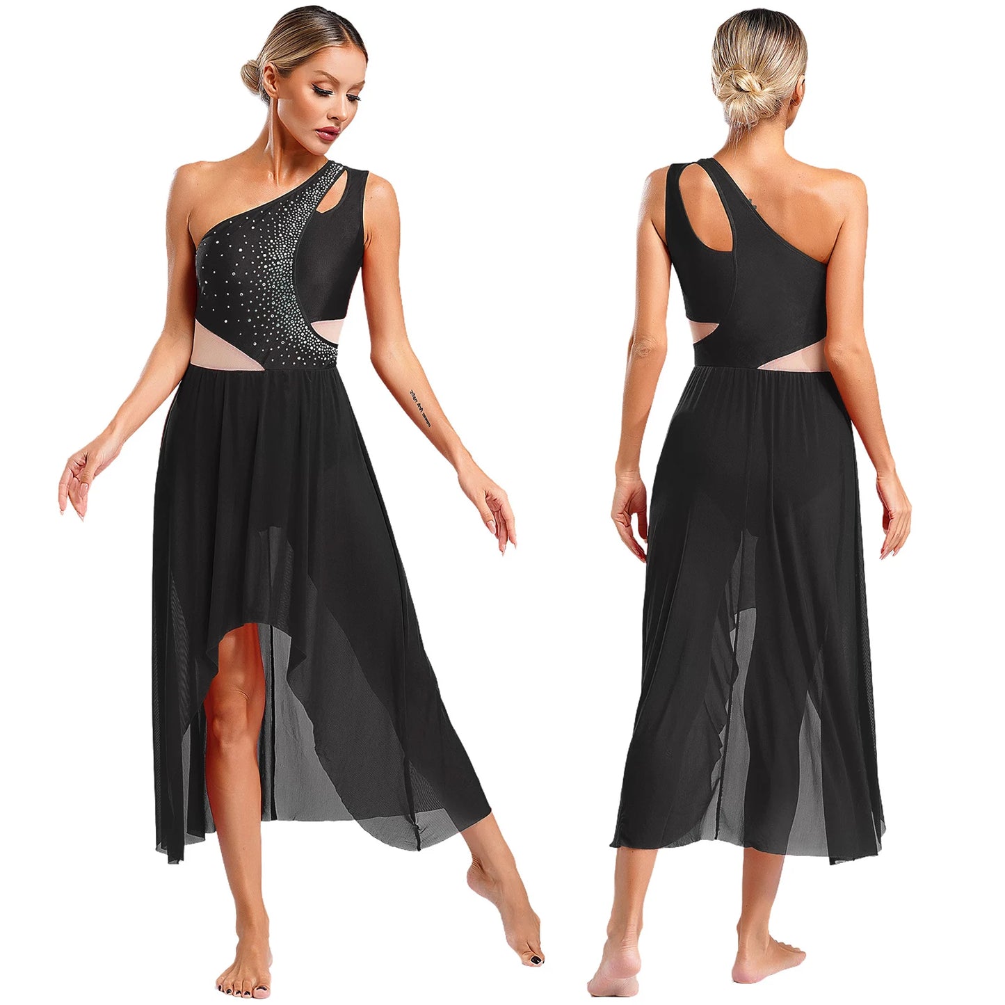 Women Lyrical Dance Costume Sleeveless Rhinestone Ballet Gymnastic Leotard Skirt with Crop Top Set Contemporary Dance Dress