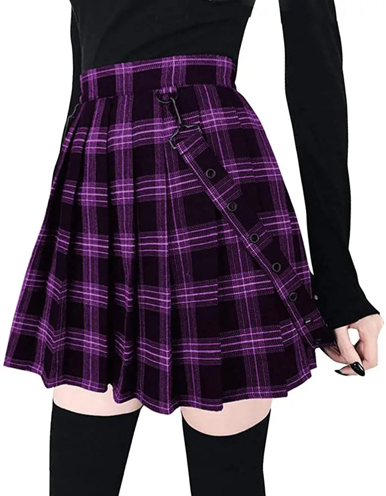 A-Line Decorative Strap Plaid Pleated Mini Skirt