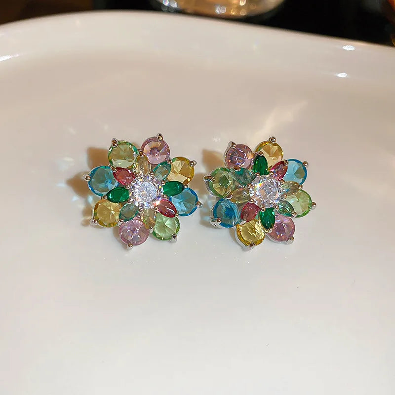 Exquisite Colourful Cubic Zirconia Flower Earrings