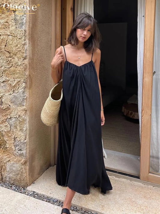 Clacive Loose Black Fashion Strap Sleeveless Ankle-Length Dress