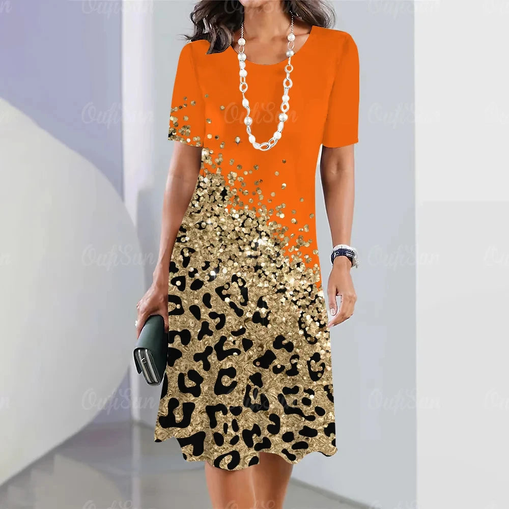 Leopard Print O-Neck Midi Dress