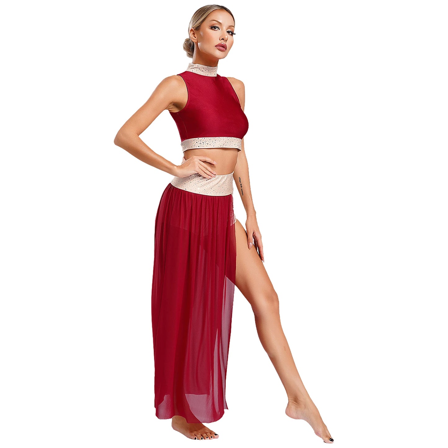 Women Lyrical Dance Costume Sleeveless Rhinestone Ballet Gymnastic Leotard Skirt with Crop Top Set Contemporary Dance Dress