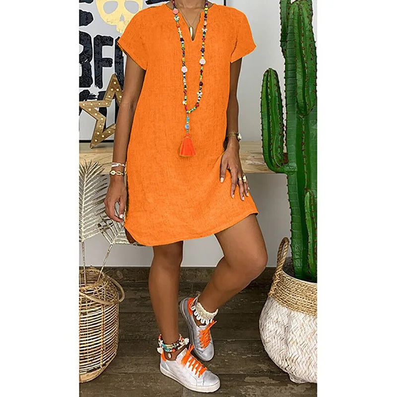 Loose Solid-Colour Short-Sleeved V-Neck Stock Dress