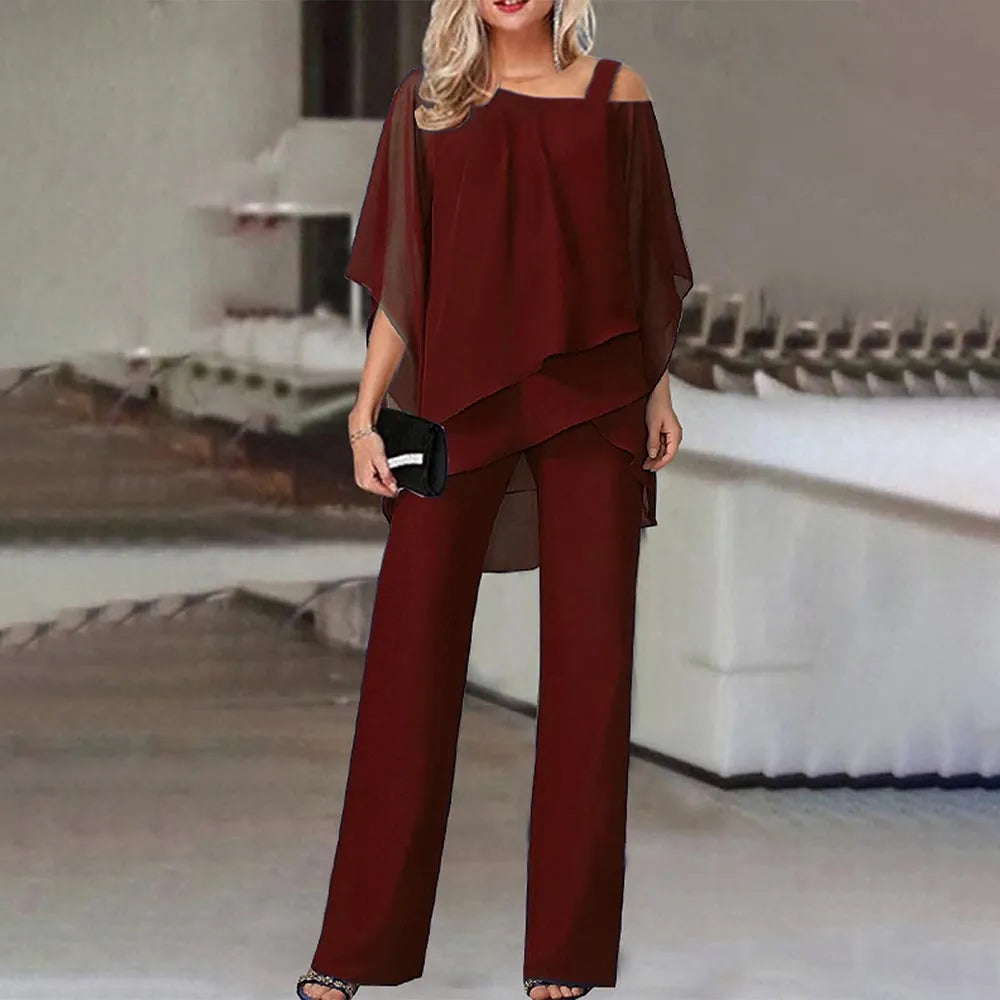 Solid-Colour Cold-Shoulder Two-Piece Set Jumpsuit