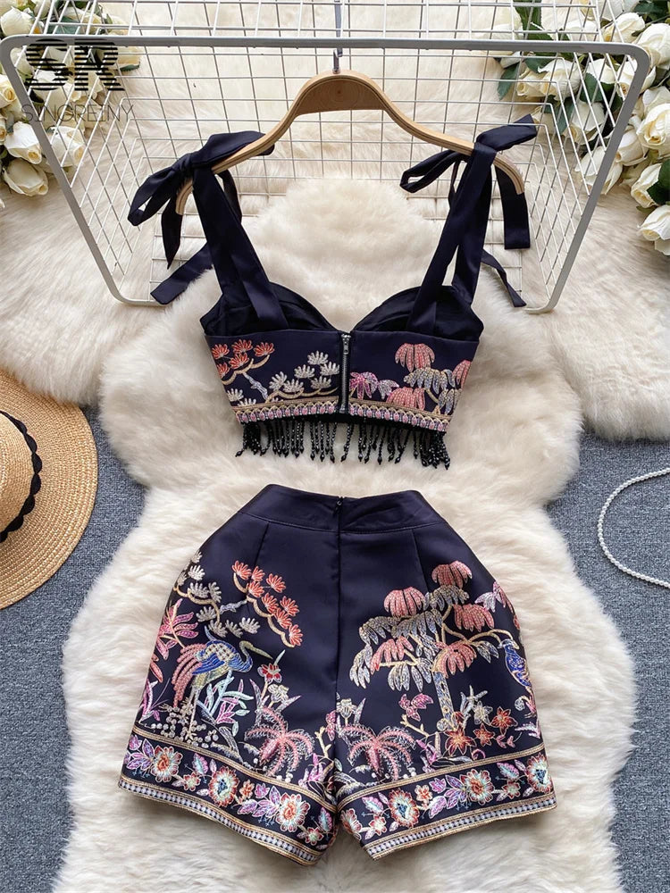 Floral Embroidery Two-Piece Shorts + Top Set