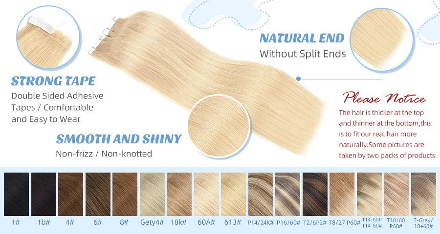 K.S WIGS Mini Tape in Hair Extensions Human Hair Straight Seamless Skin Weft Real Natural Brazilian Hair For Women Balayage 10Pc