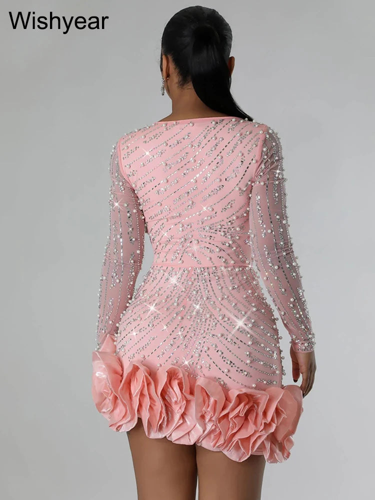 Luxury Evening Rhinestone Pearls Bodycon Ruffle Mini Dress