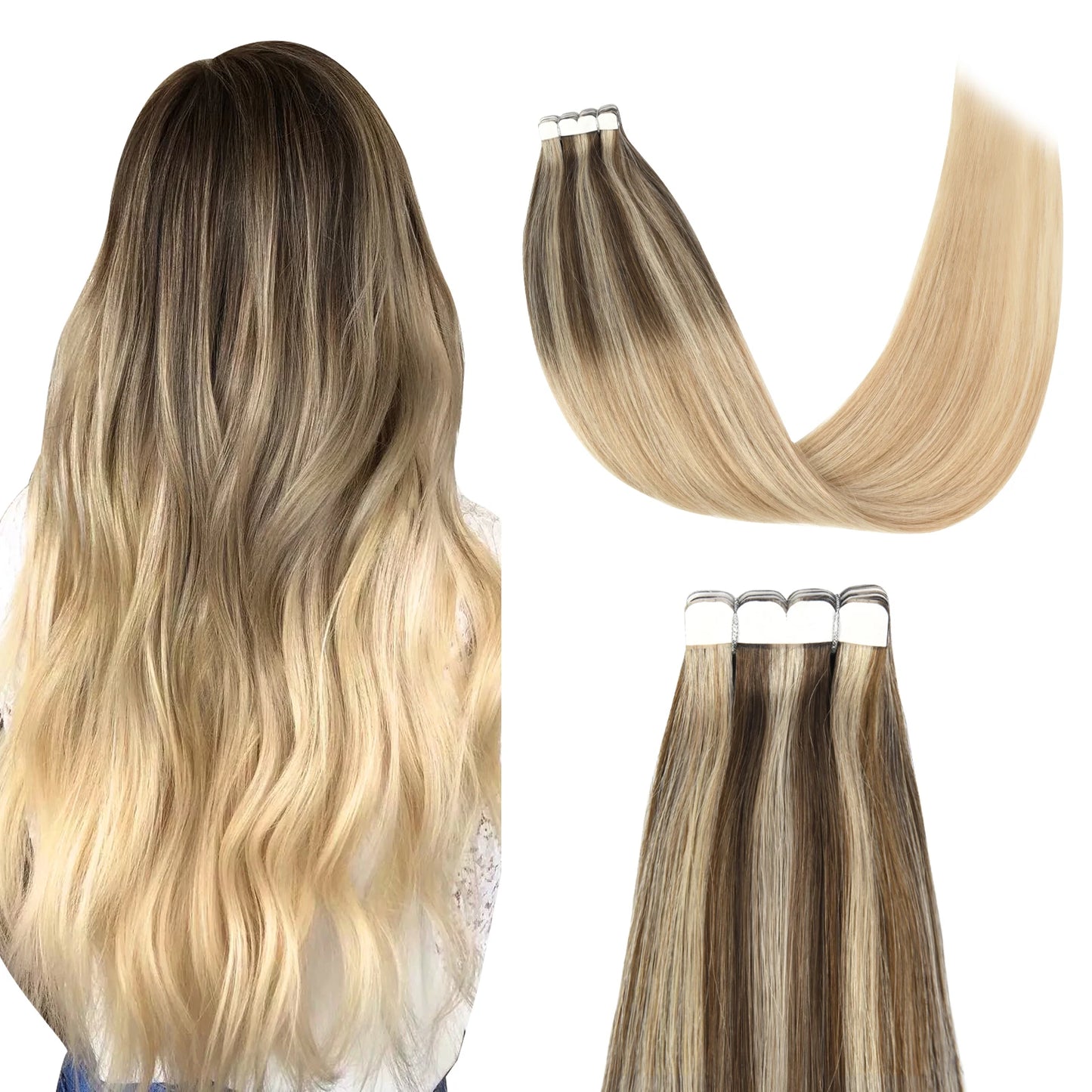 K.S WIGS Mini Tape in Hair Extensions Human Hair Straight Seamless Skin Weft Real Natural Brazilian Hair For Women Balayage 10Pc