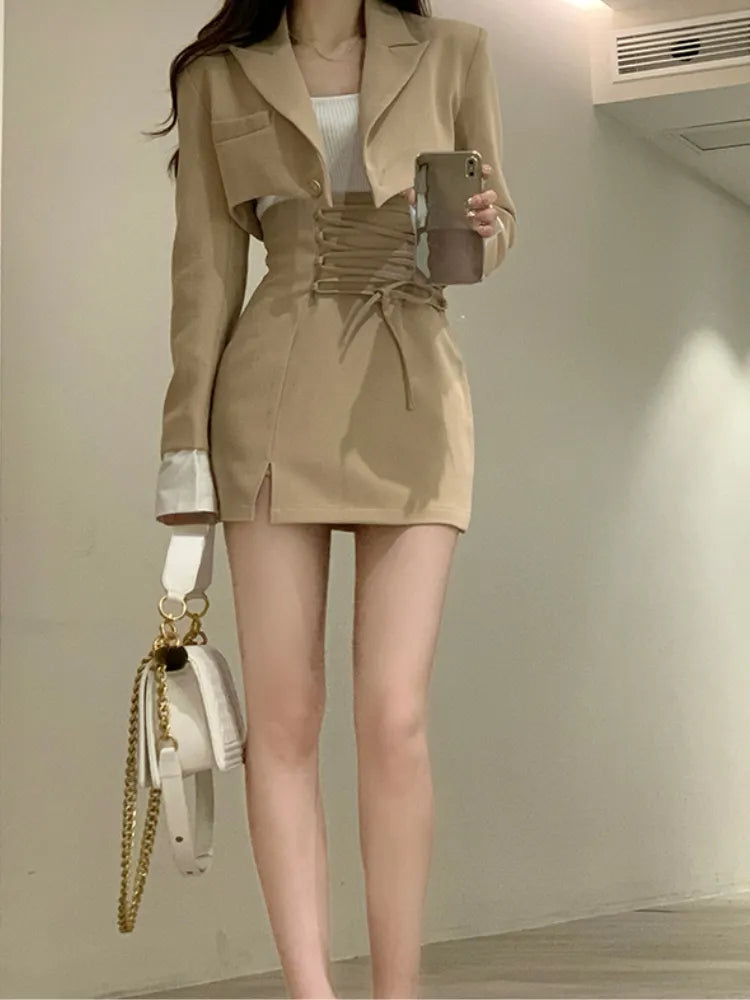 Casual Y2k Crop Top Elegant Jacket Coat + Mini Skirt