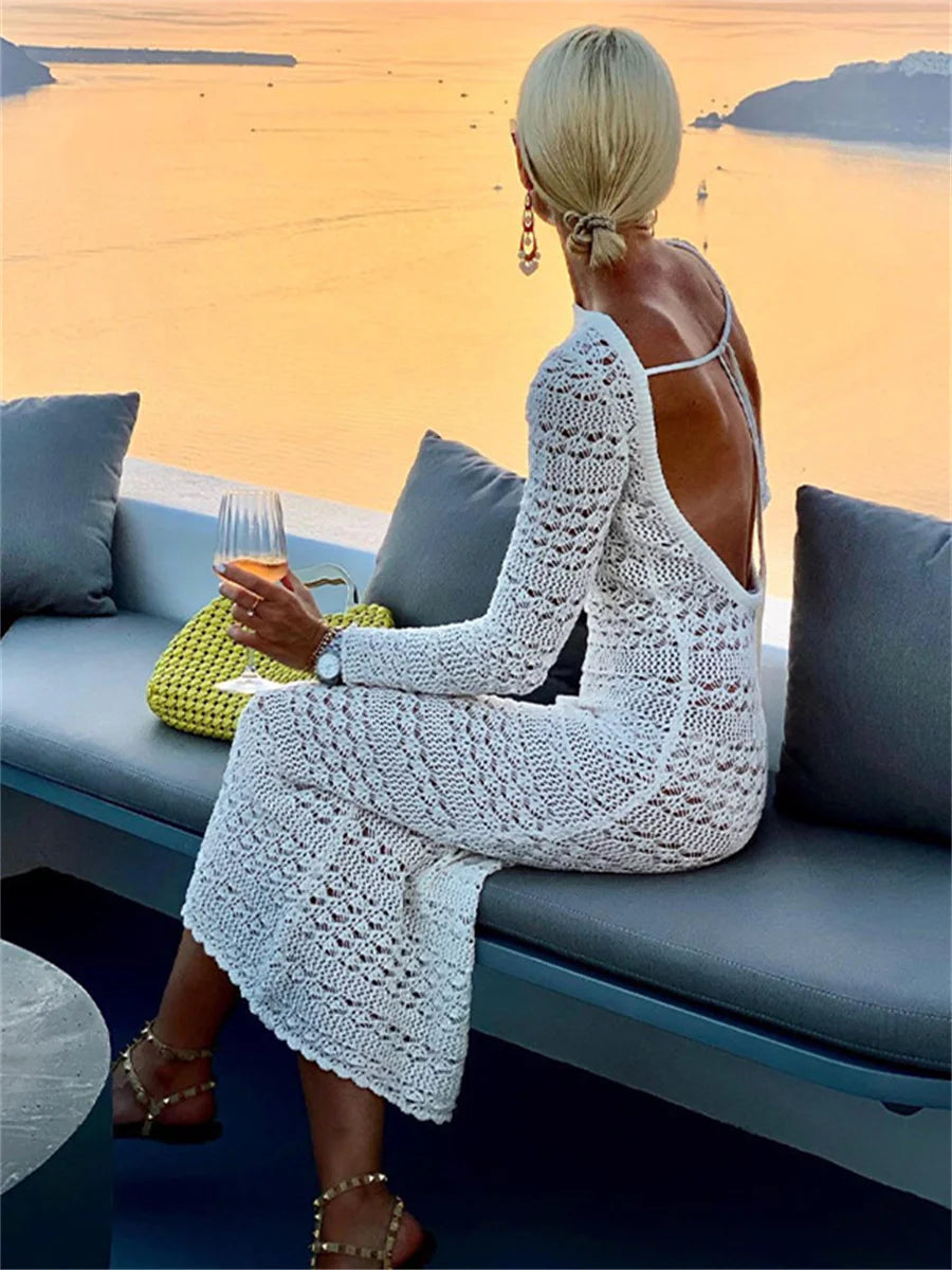 Backless Tie-Up Knit Crochet Beach Long Dress