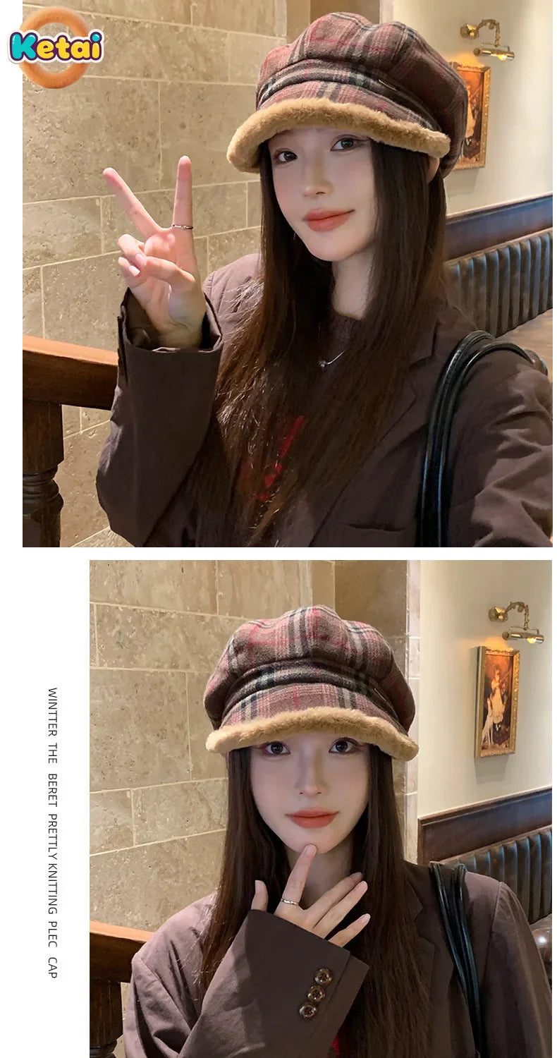 Vintage Plaid Plush Warm Octagonal Hat
