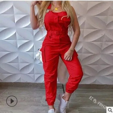 Lady Pink Jumpsuits Casual Sleeveless Polyester Ankle Tied Cargo Jumpsuits For Working Overall Jumpsuits OUFY-689