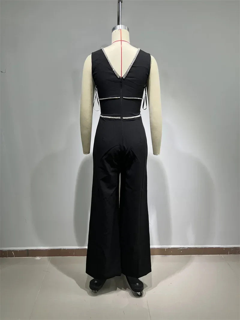 Low-Cut Water Diamond Wrapped jumpsuit