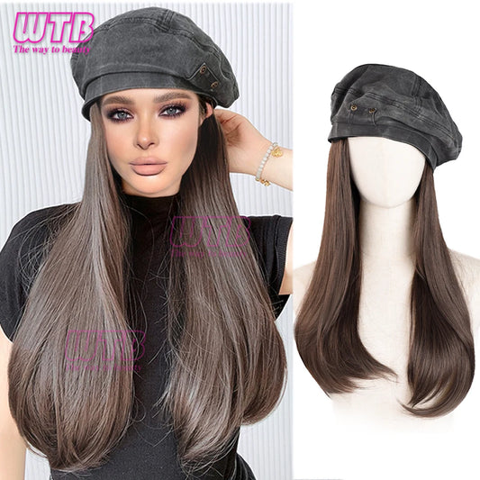 Women's Denim Beret - Synthetic Long Straight Wig Winter Hat