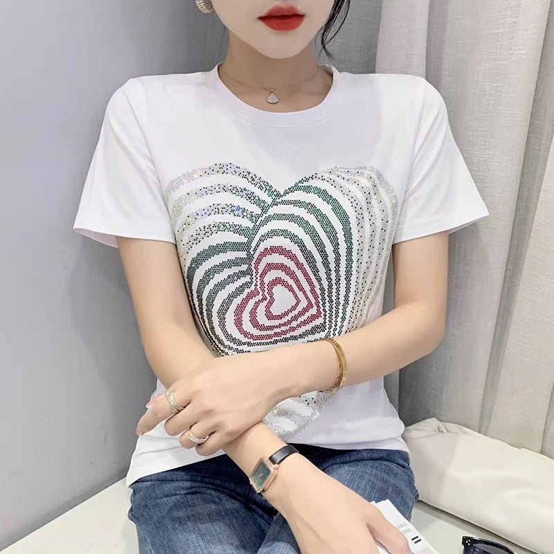 O-Neck Heart-Shaped Hot Diamond Top