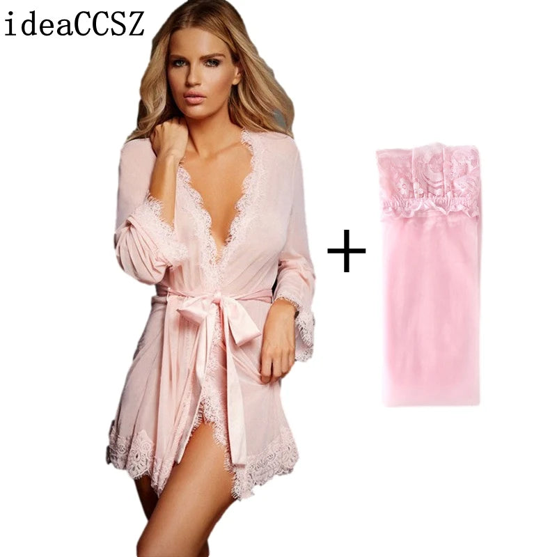 Lace Bandage Deep V G-String See-Through Sheer Sleep Dress Robe