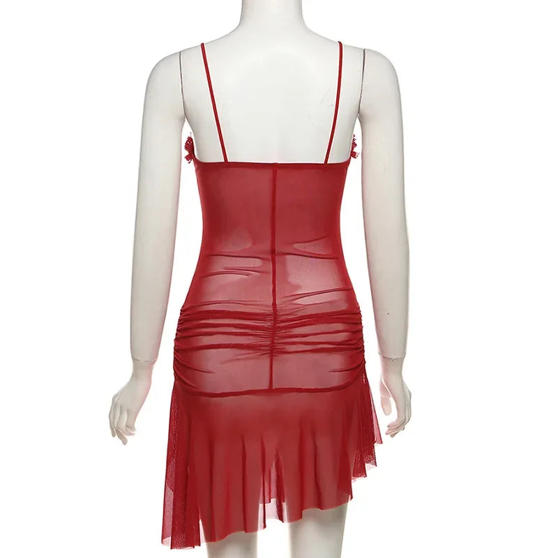 See-Through Hollow-Out Party Bodycon Ruched Ruffles Mini Dress