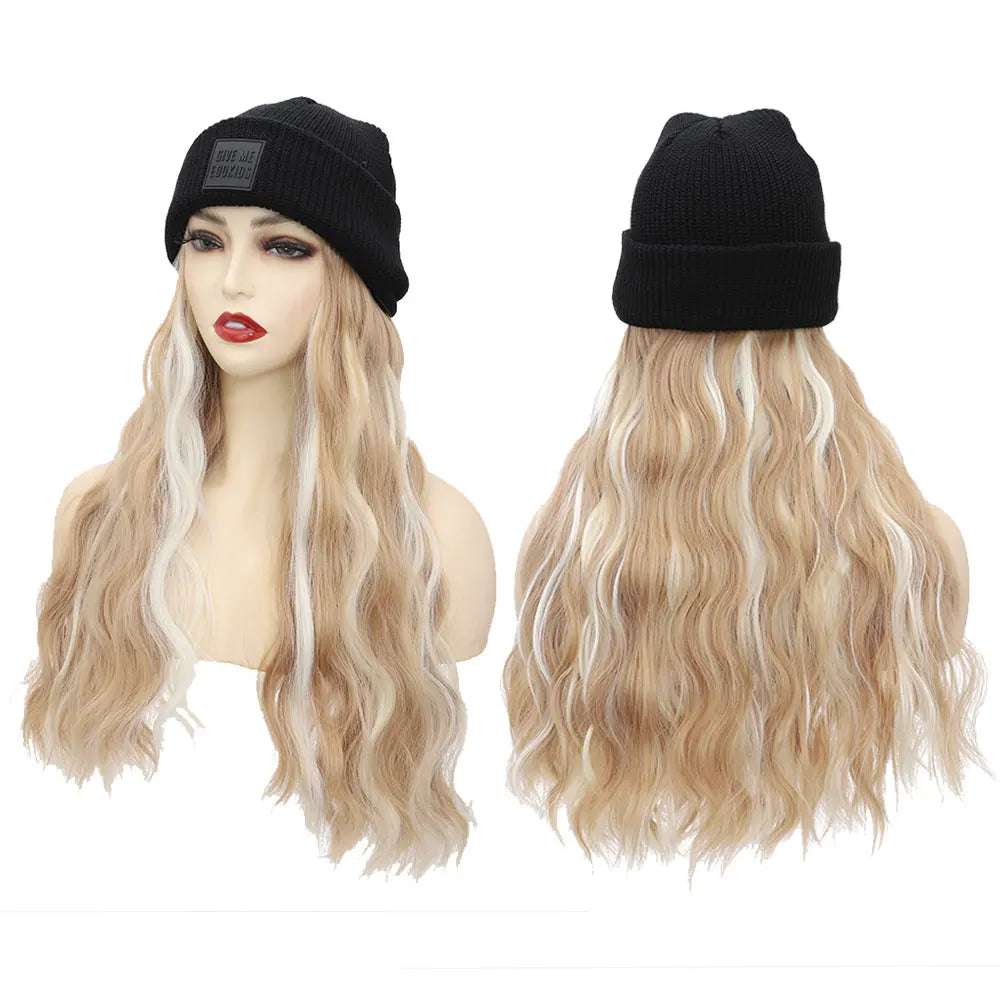 S-noilite Synthetic Black Hat Wig Beanies Hat With Hair Wigs For Women Straight Wavy Hair Warm Plush Knitted Autumn Winter Cap