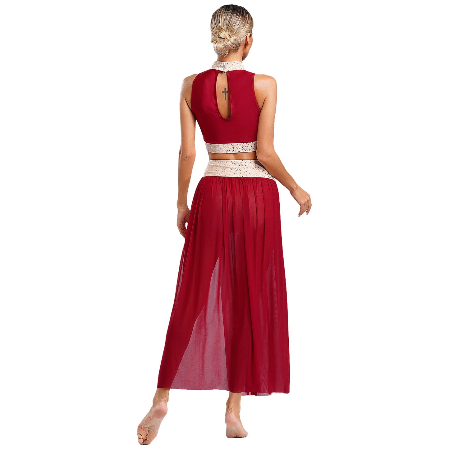 Women Lyrical Dance Costume Sleeveless Rhinestone Ballet Gymnastic Leotard Skirt with Crop Top Set Contemporary Dance Dress