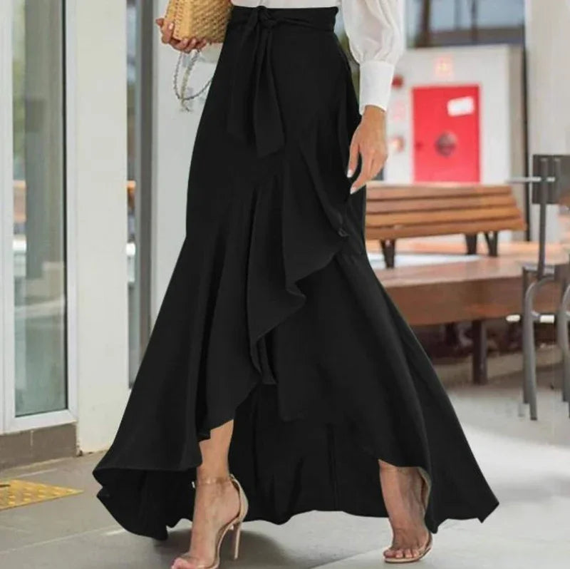 Ruffle-Hem Casual Elastic-Waist Mermaid Maxi Skirt