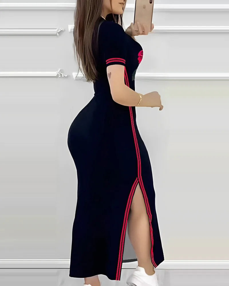 Striped High-Slit Casual O-Neck Maxi Dress