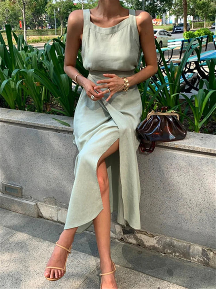 REALEFT Vintage Lace-Up Maxi Sashes Sleeveless Female Tank Beach Dress