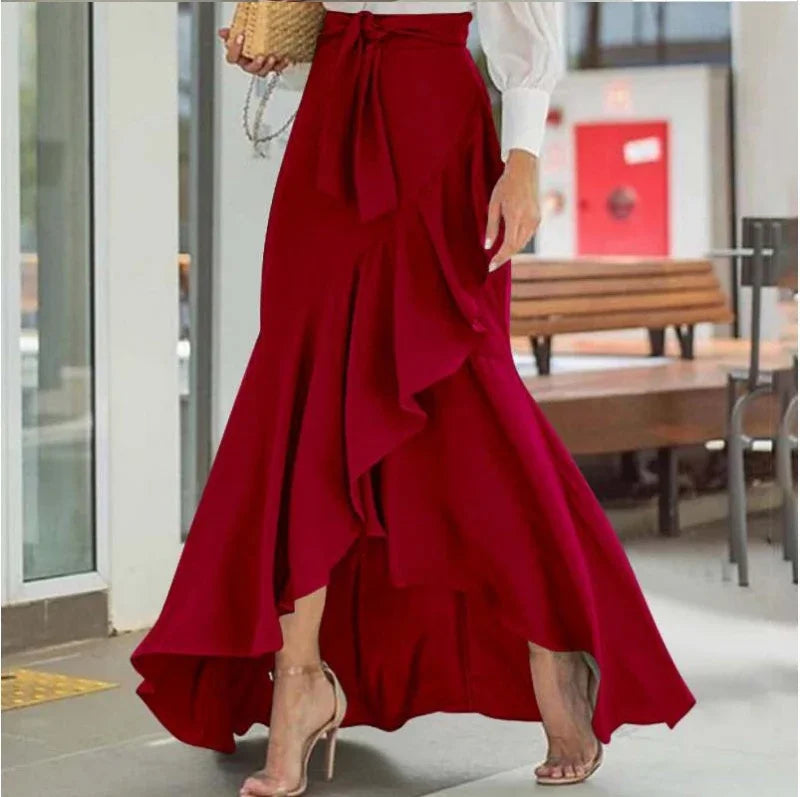 Ruffle-Hem Casual Elastic-Waist Mermaid Maxi Skirt