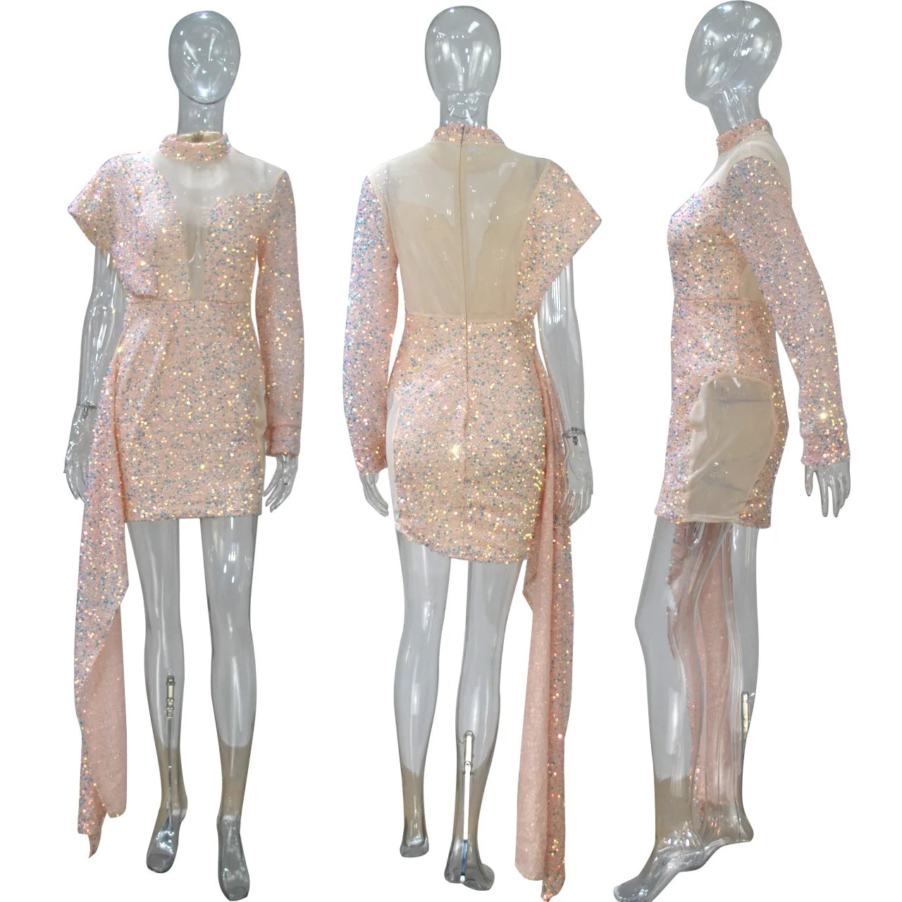 Sequin See-Through High-Neck Long-Sleeve Bodycon Tail Mini Dress