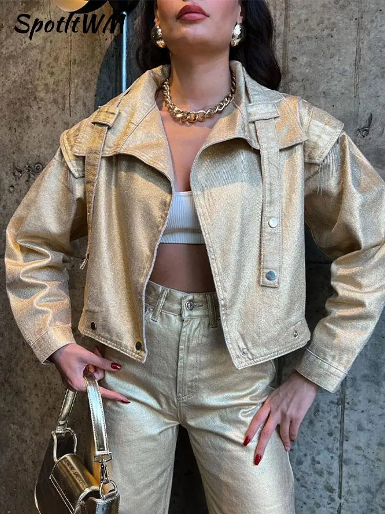 Women's Shiny Gold Jacket - Cropped Chic Outerwear With Pants+Coat Option