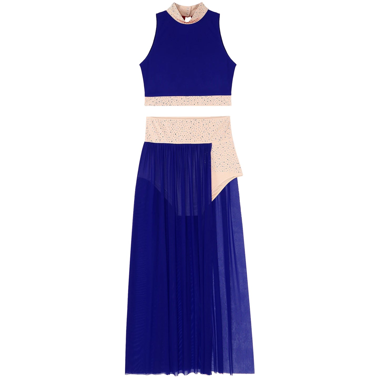 Women Lyrical Dance Costume Sleeveless Rhinestone Ballet Gymnastic Leotard Skirt with Crop Top Set Contemporary Dance Dress
