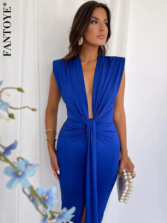 Fantoye Deep V-Neck Ruched Sexy Sleeveless Maxi Bodycon Dress