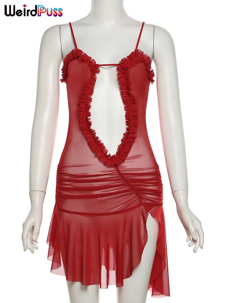 Weird Puss Mesh Ruffles Hollow See-Through Irregular Side-Split Mini Dress