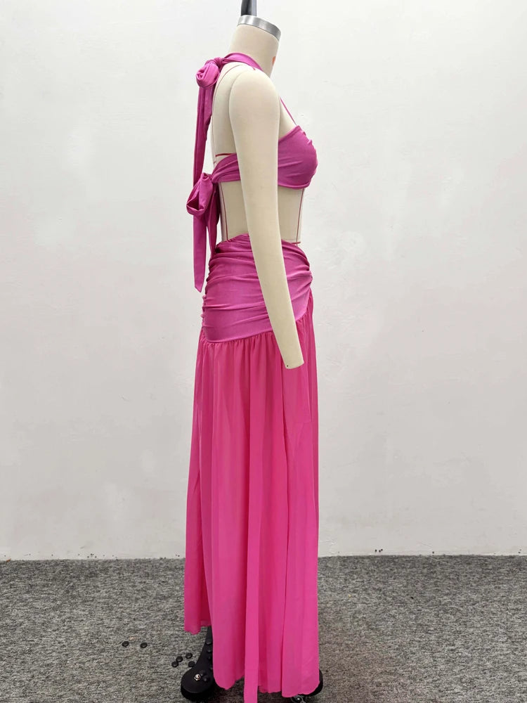 Beyprern Elegant Halter Neck O-Rings Crop Top And Ruched Maxi Skirt Set Holiday Outfits Female High Slit Beach Vestidos Clubwear