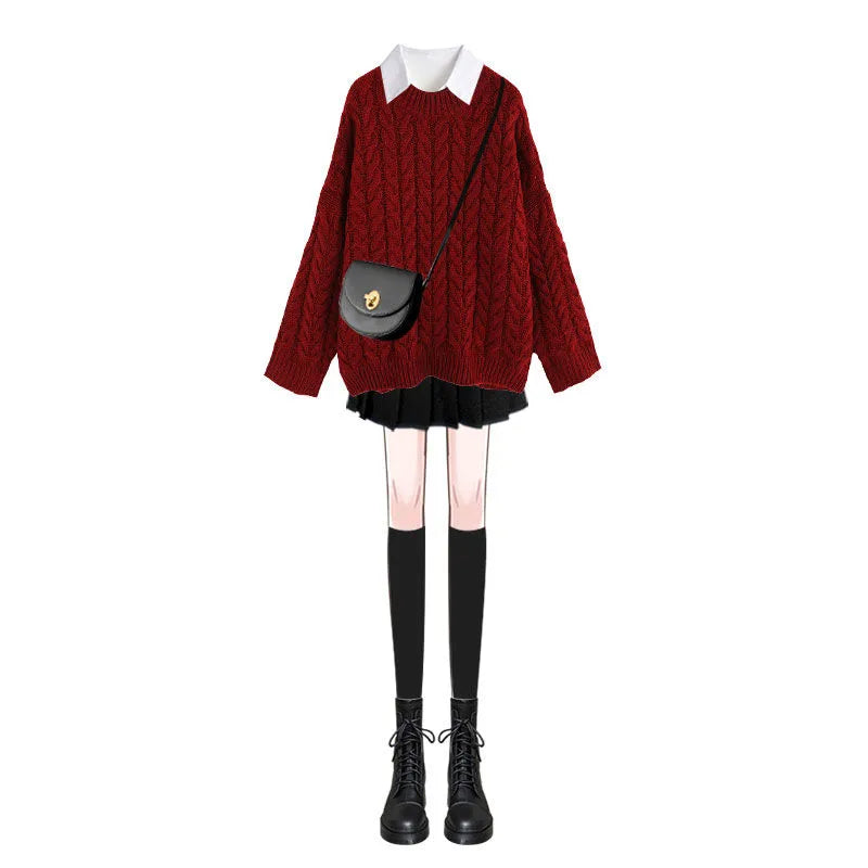 Lucky-Red Sweater Shirt + Pleated Mini Skirts - 1 Piece or Set