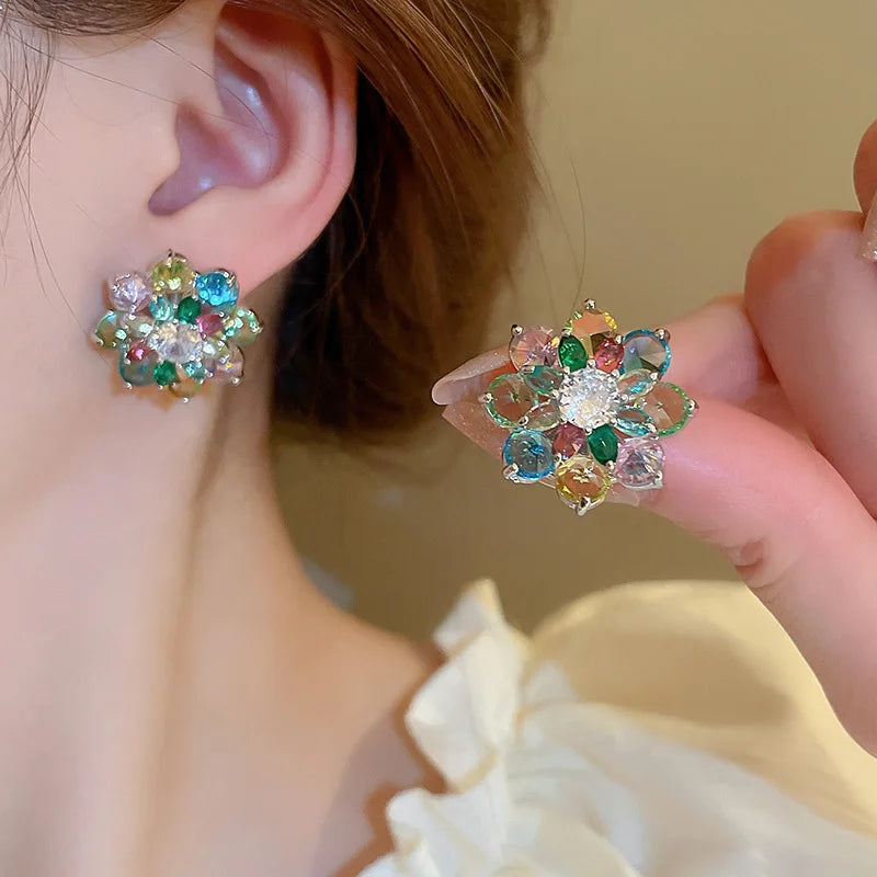 Exquisite Colourful Cubic Zirconia Flower Earrings