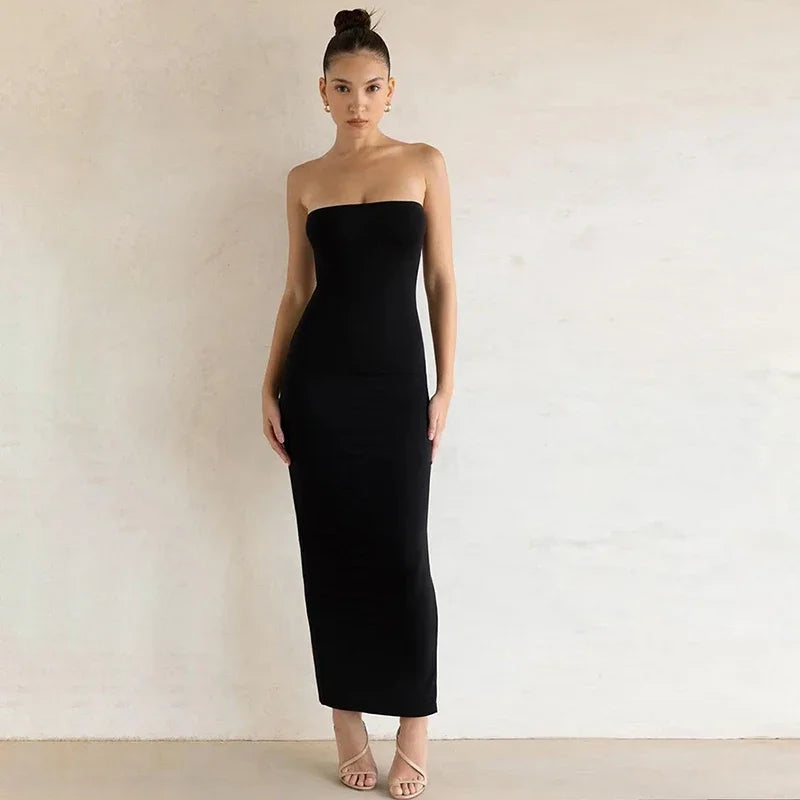 Cutenova Slim Solid Strapless Wrap Hipster High-Waist Long Dress