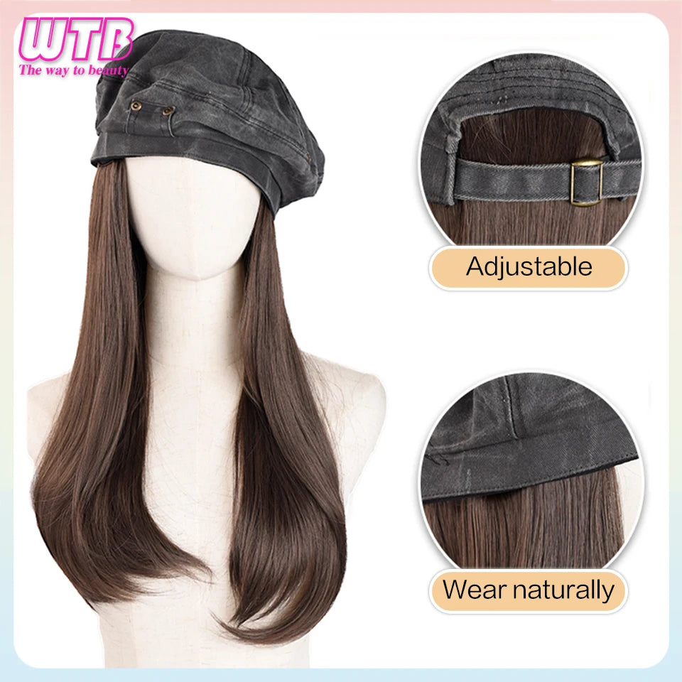 Women's Denim Beret - Synthetic Long Straight Wig Winter Hat