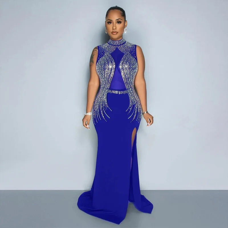 Round-Neck High-Slit Solid-Colour Hot Diamond Party Long Dress