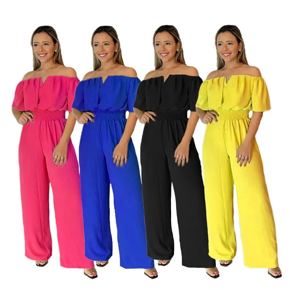 Off-Shoulder Shirred-Waist Wide-Leg Jumpsuit