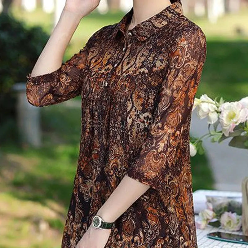 Turn-Down Collar Vintage Printed Blouse - Loose Midi Shirt