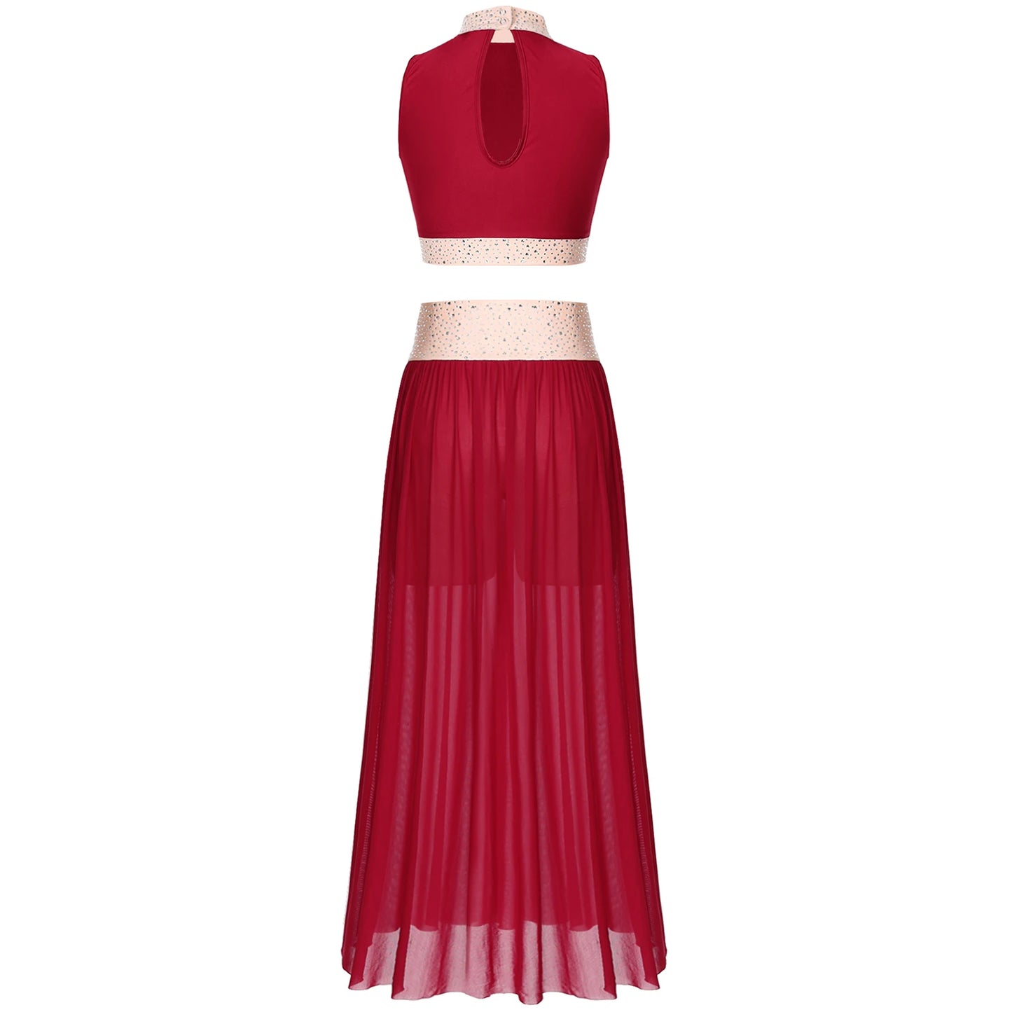 Women Lyrical Dance Costume Sleeveless Rhinestone Ballet Gymnastic Leotard Skirt with Crop Top Set Contemporary Dance Dress