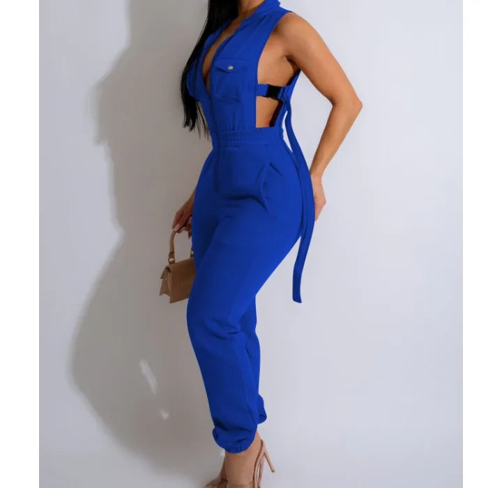 Sleeveless  Zipper 4-Pocket Jumpsuit