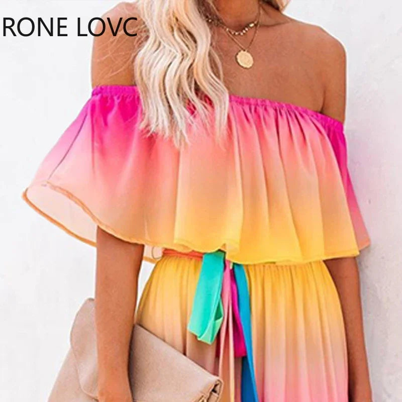 Chic Gradient Colour Tie-Dye Off-Shoulder Ruffles Mini Dress