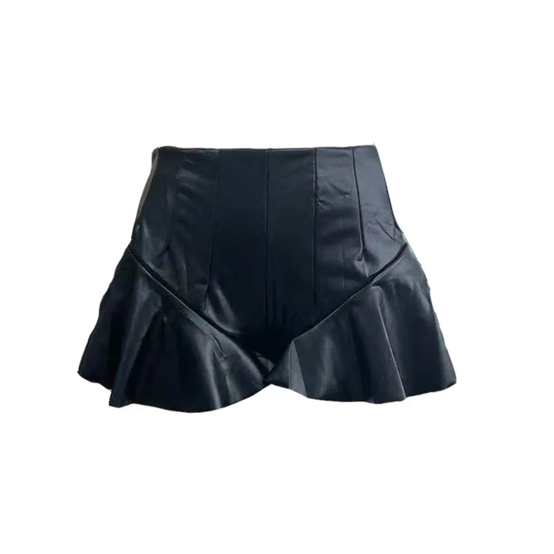 Black High-Waist Ruffles Leather Mini Skirt