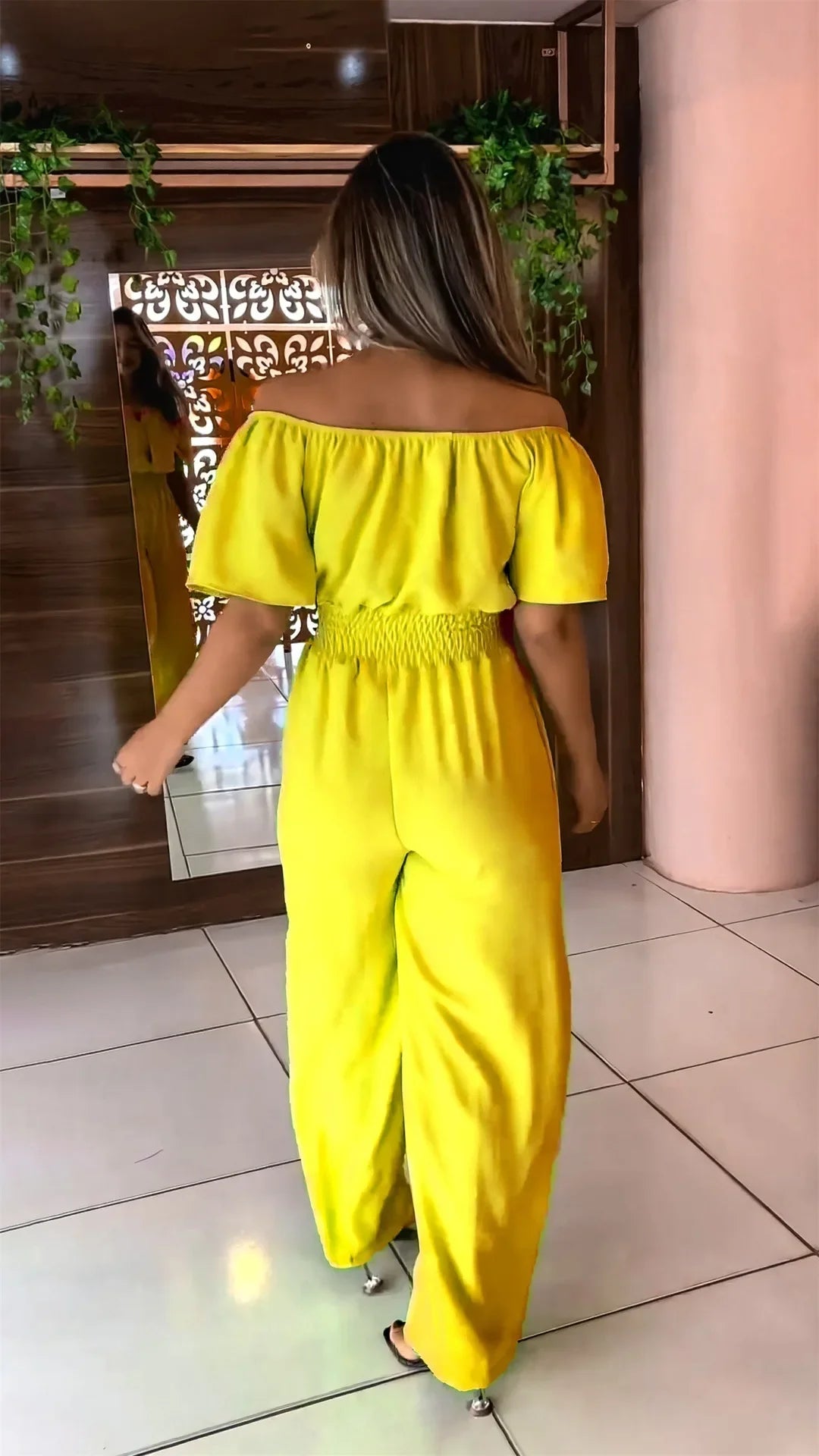 Off-Shoulder Shirred-Waist Wide-Leg Jumpsuit
