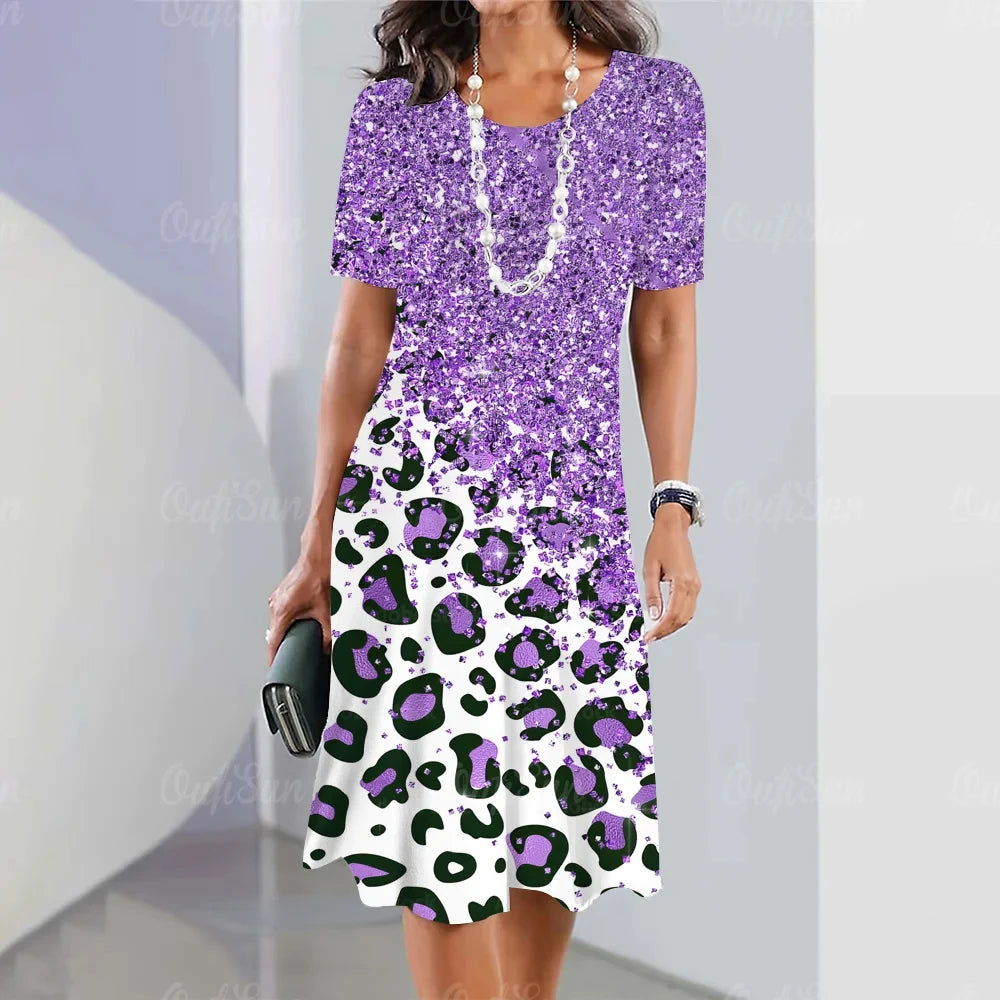 Leopard Print O-Neck Midi Dress