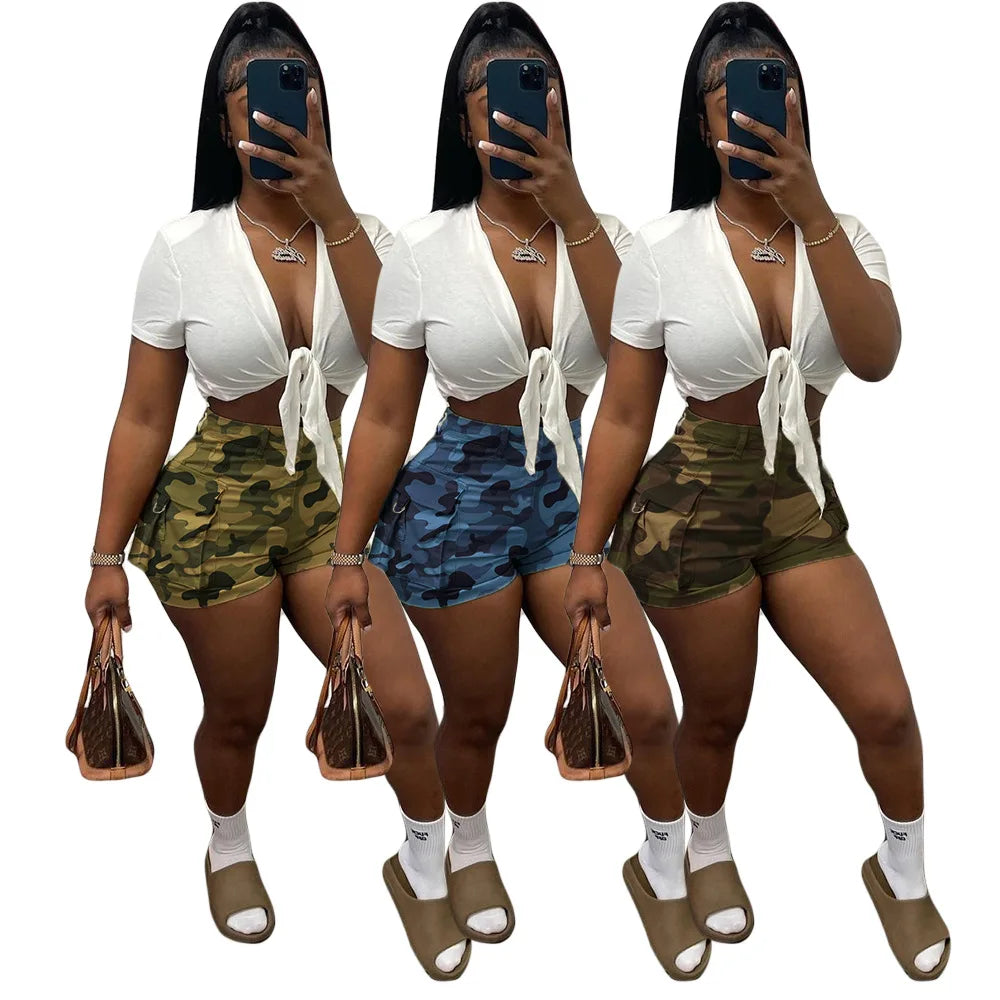 High-Waist Pockets Camouflage Print Camo Shorts